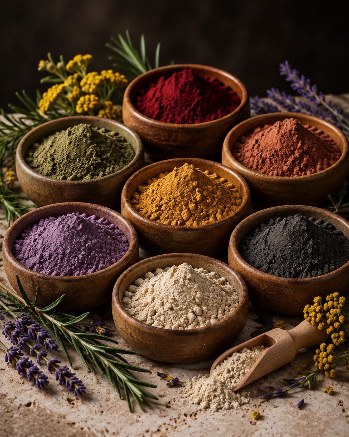 Visualizacion de los barros vegetales de color en cuencos de ceramica, con hierbas frescas