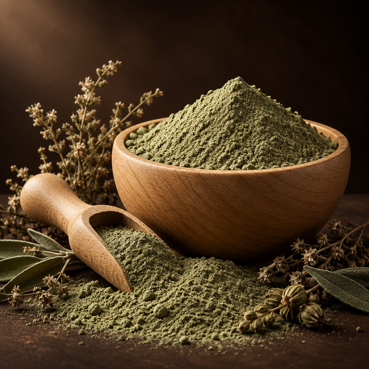 Visualizacion del cuenco de madera sobre un monton de polvo ayurvedico verde