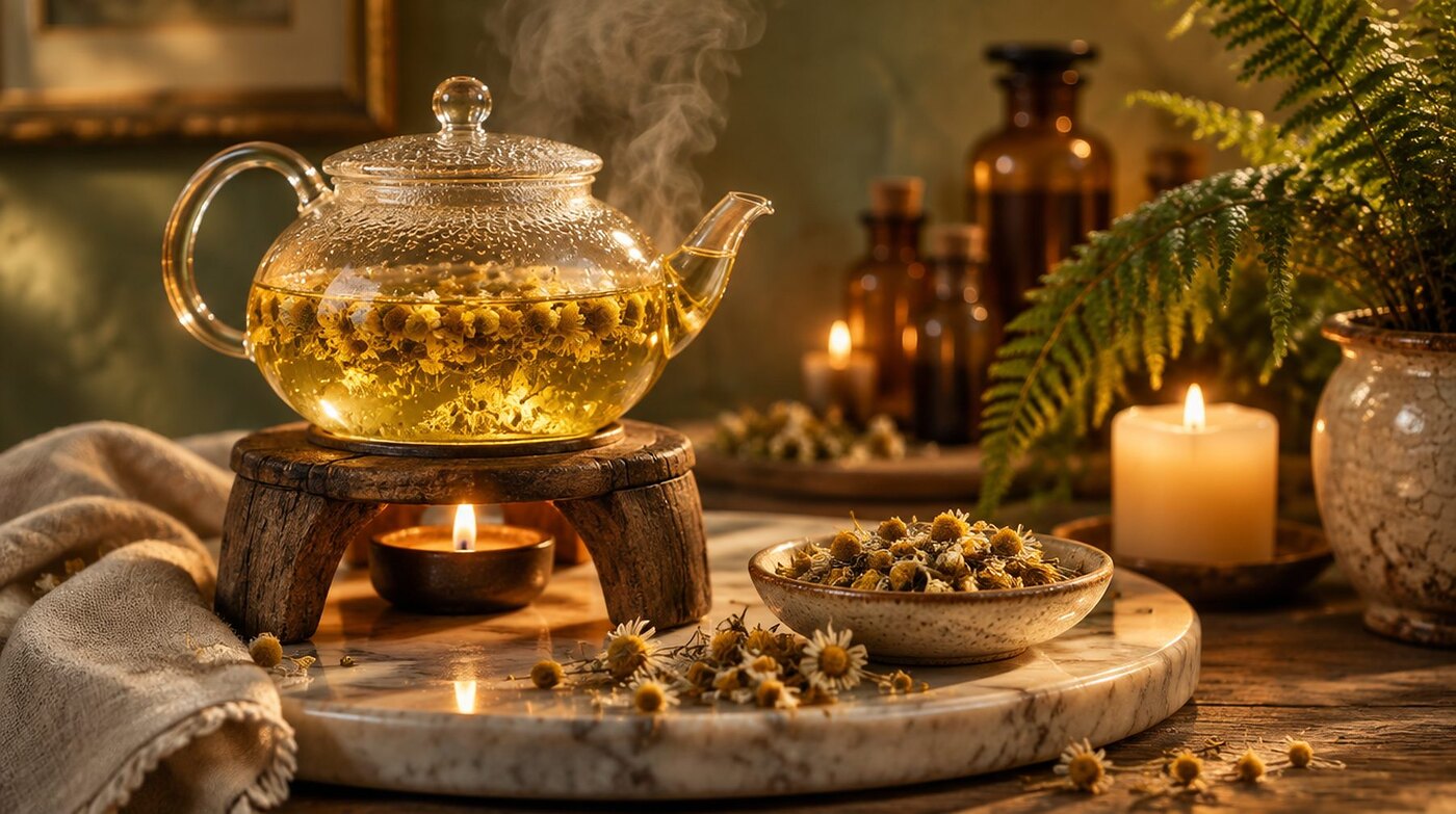 Infusión de manzanilla templándose junto a la vela antes del ritual